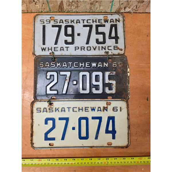 3 saskatchewan lisence plates- 1959, 1960 and 1961