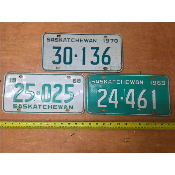 3 saskatchewan lisence plates- 1968, 1969 and 1970