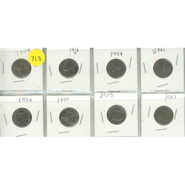 Lot of 8 U.S.A Five Cents Coins.