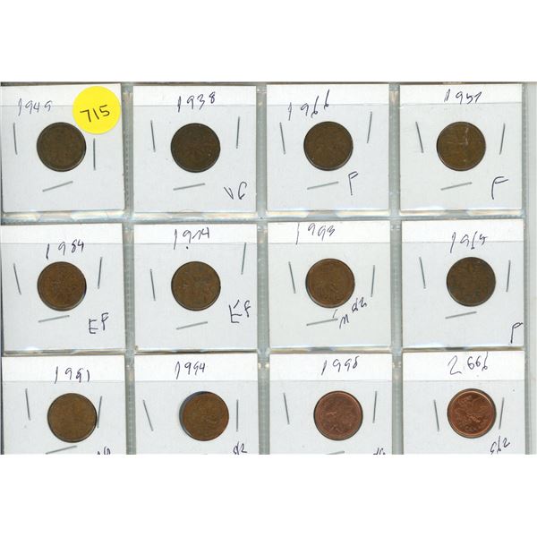 Lot of 1900's 12 Canadian One Cents Coins.