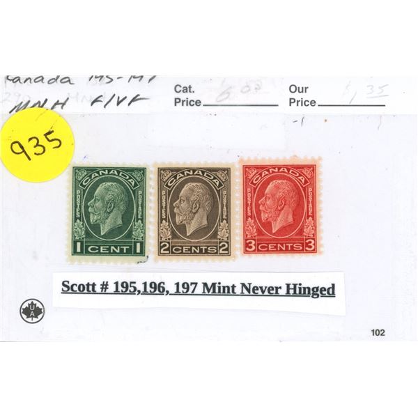 Scott # 195, 196, 197 Mint Never Hinged Stamp.