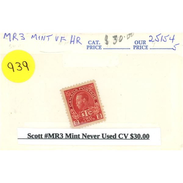 Scott #MR3 Mint Never Used CV $30.00 Stamp.