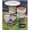 Image 1 : Heavy urn, metal stand, clay pots & yard turtle.