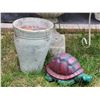 Image 2 : Heavy urn, metal stand, clay pots & yard turtle.