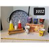 Image 1 : BarBQ condiment picnic table, metal summer tray & collector movie cups.