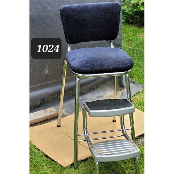 Mid century chrome step stool chair, pull down steps.