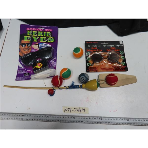 (2) halloween glasses, tiny tennis balls, 2 ball and cup game toys