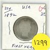 Image 1 : 1892 U.S.A First Year Quarter Dollar.