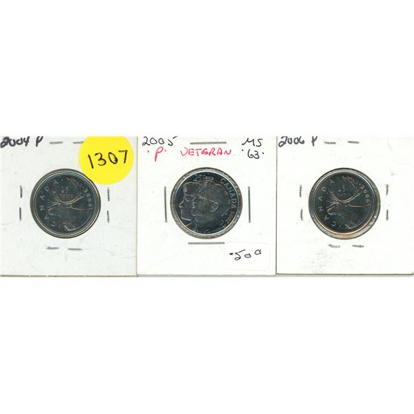 2004 P, 2005 P, 2006 P Canadian 25 Cents Coins. (Proof Like)