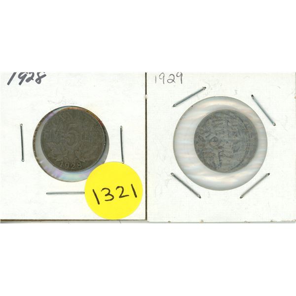 1928, 1929 Canadian 5 Cents Coins.