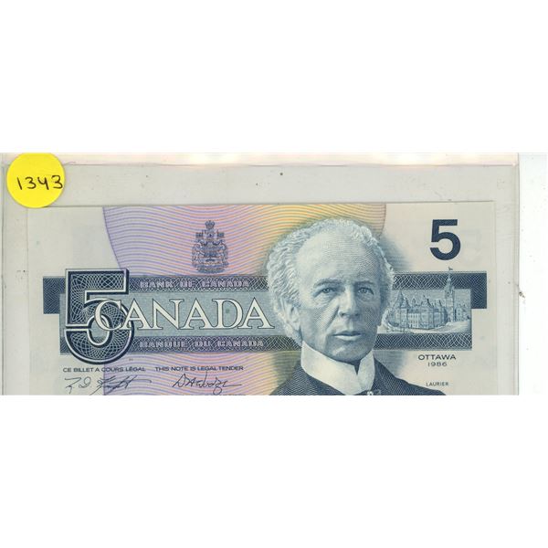 1986 Bank of Canada Five Dollar.