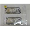 Image 1 : (2) Canadian 1 Dollar Bills Consecutive Serial NO 1973 Crow Bovey BCW Prefix BC-U6b