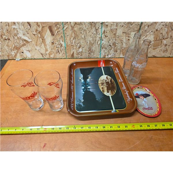 Coca cola tray, bottles and glasses