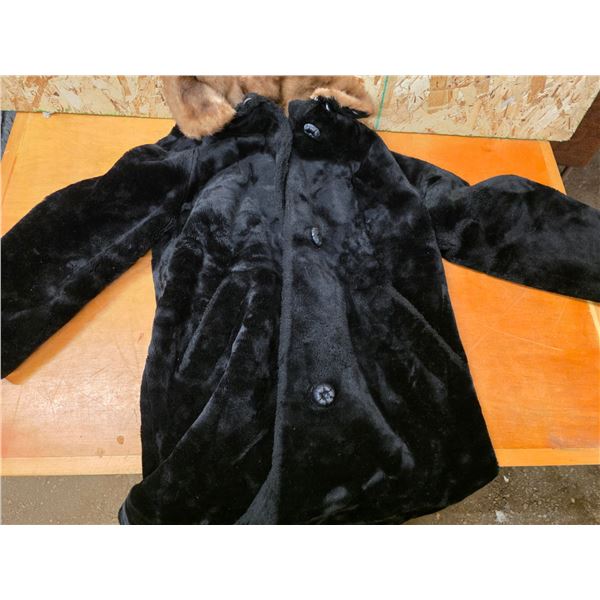 Black fur coat- unknown size, could be medium womens- 40"H by 25"W