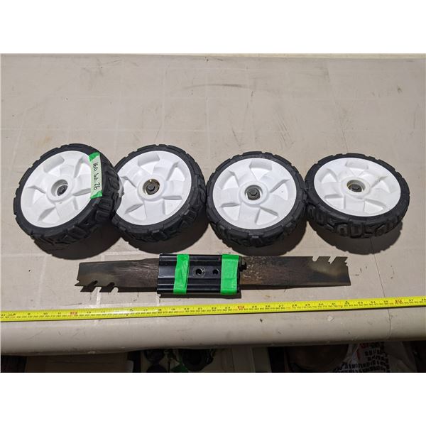 4x wheels and 21" lawn mower blade - blade good shape, Toro unit