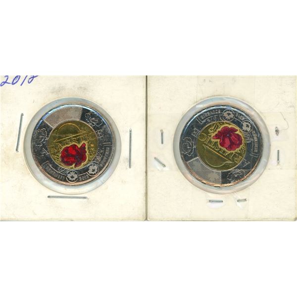 (2) 2018 Canadian $2 Armistice Toonie, commemorating the 100th anniversary of the Armistice of 1918 