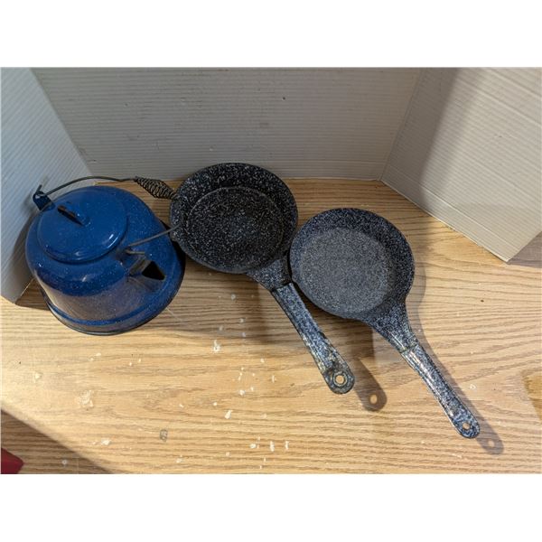 Blue Enamel Kettle And (2) Enamel Frying Pans