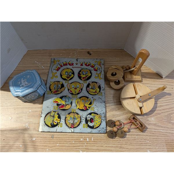 Vintage Wooden Toys, Vintage Ring Toss Board, and Vintage Tin Box FT Wedgwood Jasperware