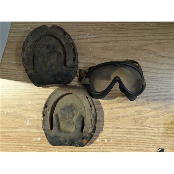 Vintage Goggles and Vintage (2) Horse Shoes