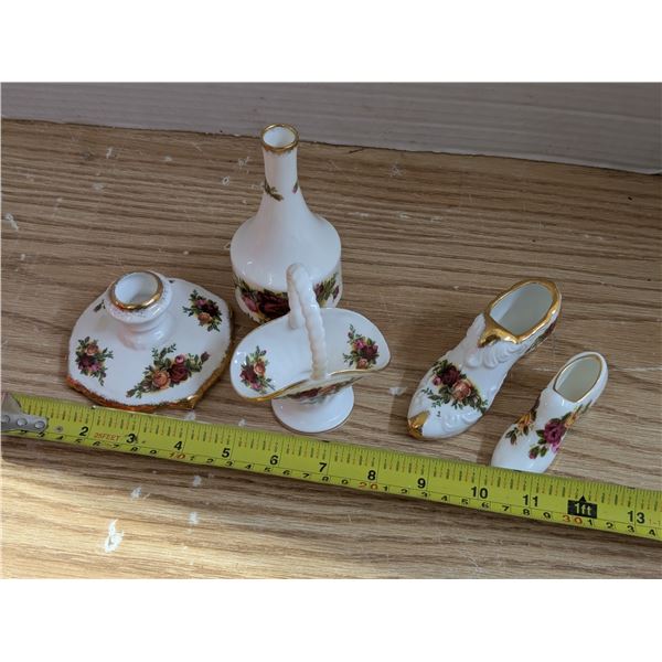 Lot of Country Rose Vintage Bone China set (1) Ashleydale (2) Shoes, Vase, Basket, and Etc.