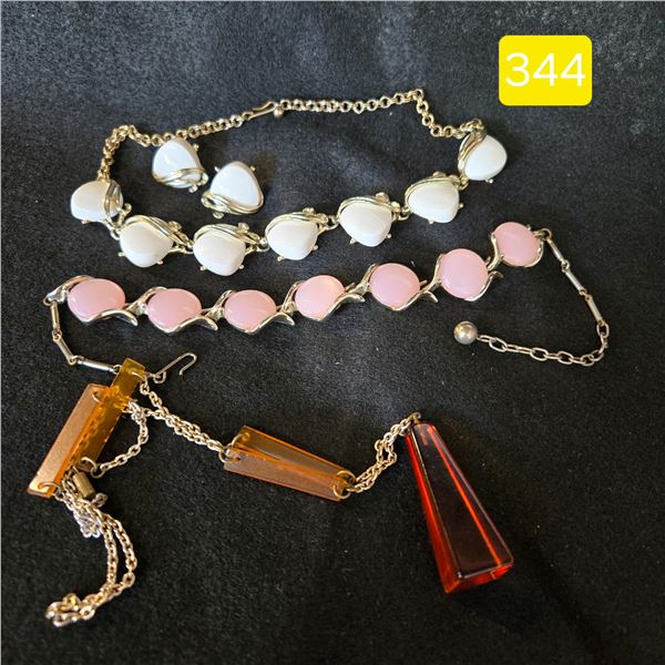 3 Vintage Necklaces, One With Clip On Earrings