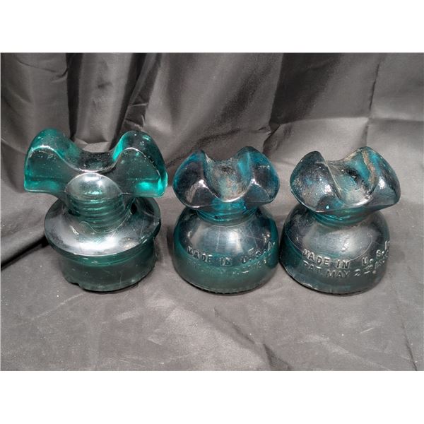 3 Green Hemingray NO.62, PAT 1893 Insulators