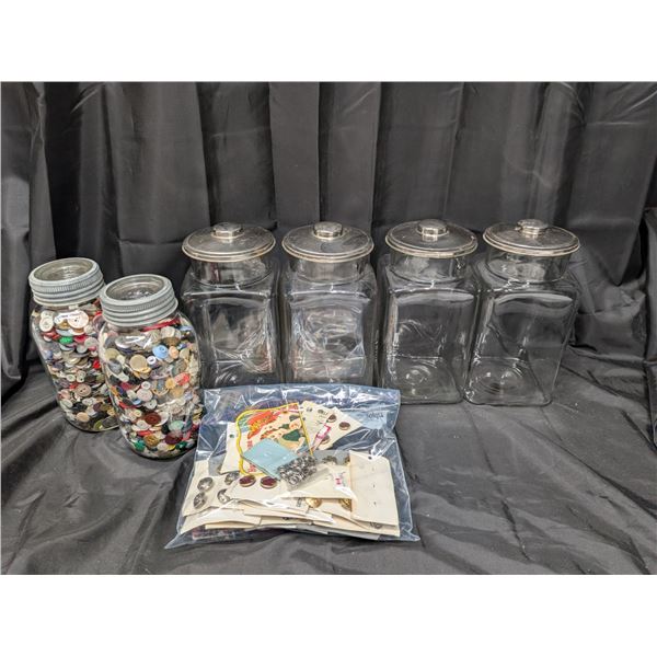 (4) Vintage in Store Candy Jars (2) Jars Full of Vintage Buttons and etc.