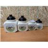 Image 1 : (4) Ceramic Canister w/ Black Lids Ft. "Country Barn Cow Design" (1) Lid Missing