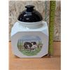 Image 2 : (4) Ceramic Canister w/ Black Lids Ft. "Country Barn Cow Design" (1) Lid Missing