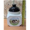 Image 3 : (4) Ceramic Canister w/ Black Lids Ft. "Country Barn Cow Design" (1) Lid Missing