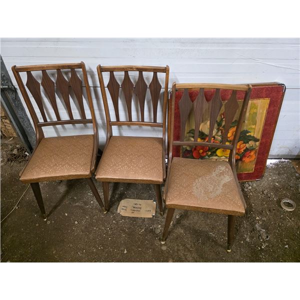 3 wooden chairs and foldable table- table is 30" by 30" by 34"H- chairs are 26"H