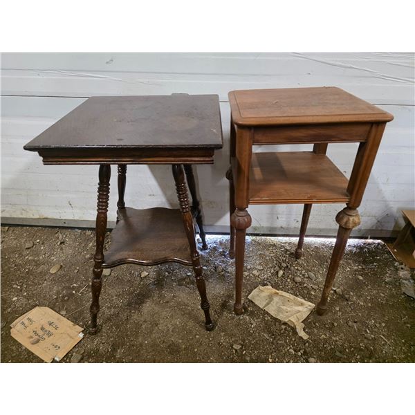 2 wooden tables- 18" by 18' by 28"H and 19" by 19" by 29"H