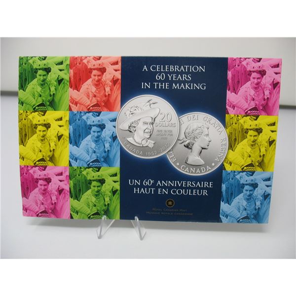 2012 ROYAL CANADIAN MINT SILVER $20 COIN with Folder - Queen Elizabeth's 60th ANNIVERSARY
