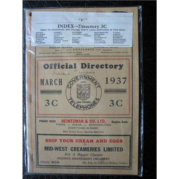1937 SASKATCHEWAN GOVERNMENT TELEPHONE DIRECTORY - Southern Saskatchewan