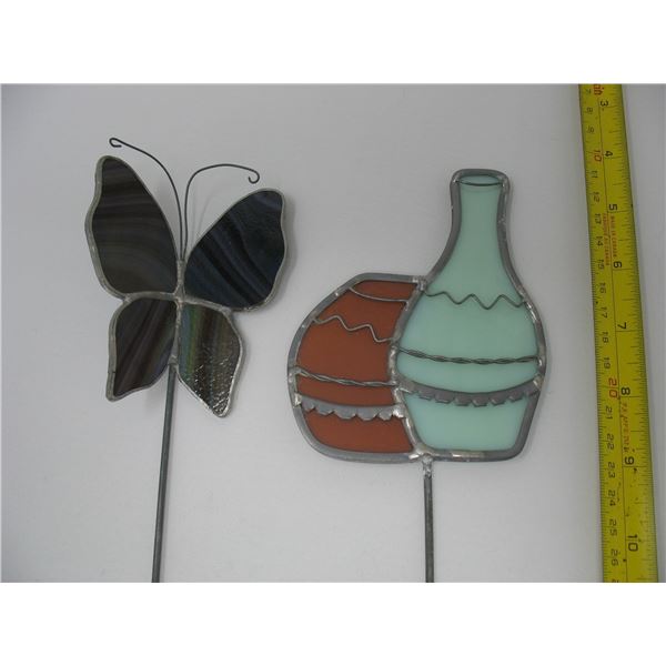 STAINED GLASS - 2 PIECES - BUTTERFLY & BOTTLE - Steel Stakes for Plant Pots
