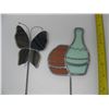 Image 1 : STAINED GLASS - 2 PIECES - BUTTERFLY & BOTTLE - Steel Stakes for Plant Pots