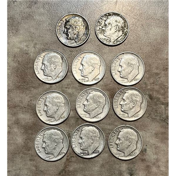 895 – Coins. Lot of 11 American US silver dimes from 1950s.