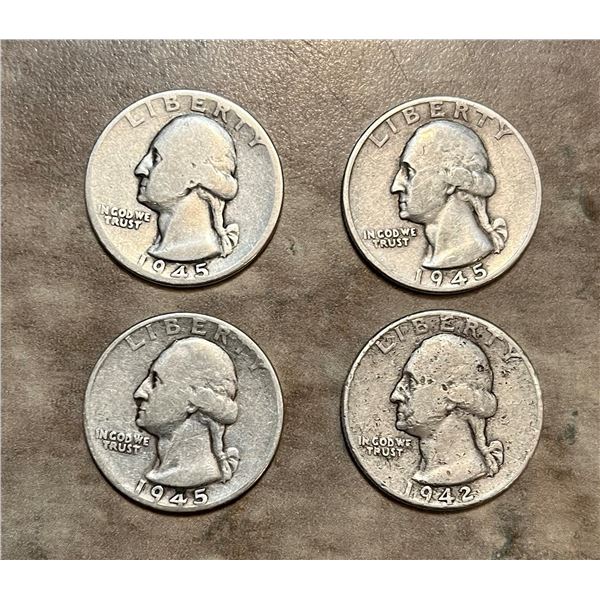 897 – Coins. Lot of 4 American US silver quarters from 1940s.