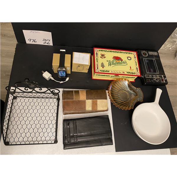 Misc lot -- smart watch - 2 wallets - napkin holder - Whitman’s metal box - Corning Ware sk