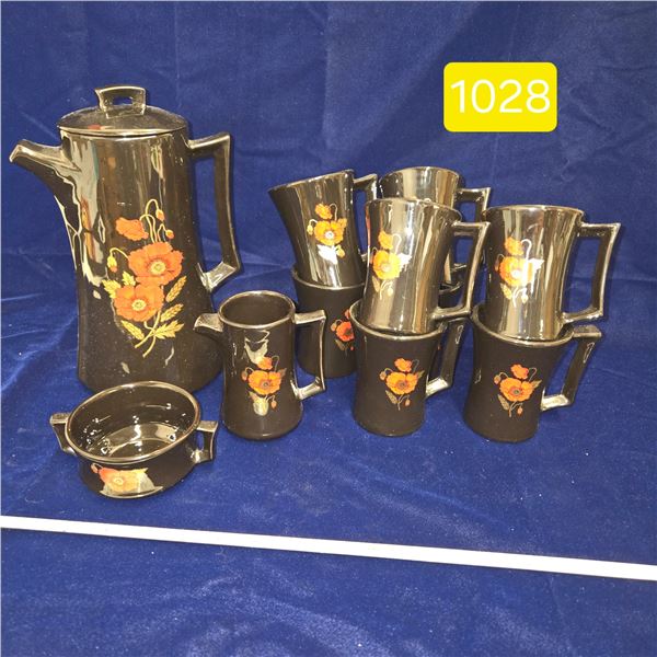Black Ceramic Coffee Set, Poppy Theme