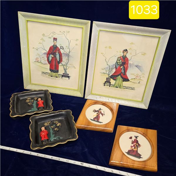 6 Pcs. Oriental Theme, 2 cross-sticth, 2 chalkware