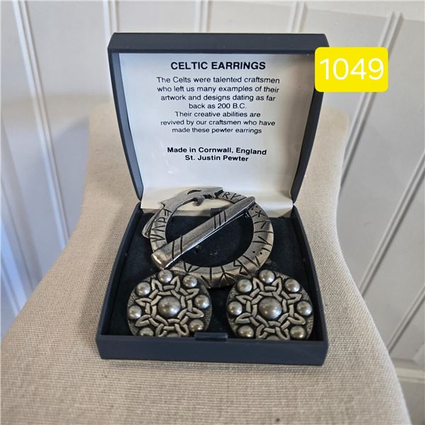 Celtic Pewter Brooch and Clip On Earrings