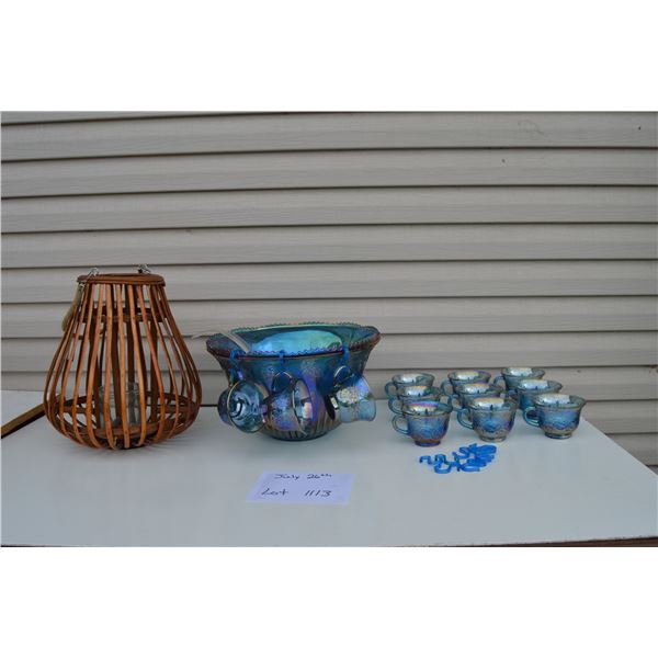 Blue punch bowl with 12 cups / Hanging wicker candle holder