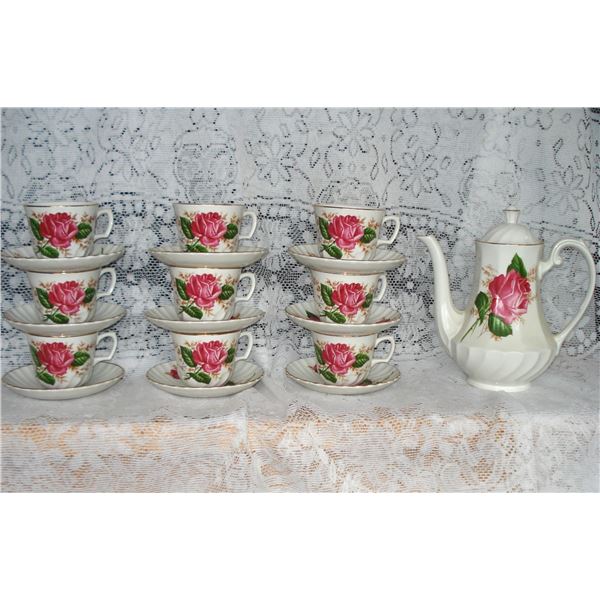 Ironstone Teapot and Matching Cups and Saucers