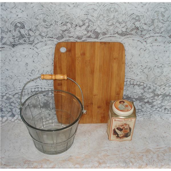 Vintage Cutting Board  Country Glass Pail (not old) and Collectible Tin