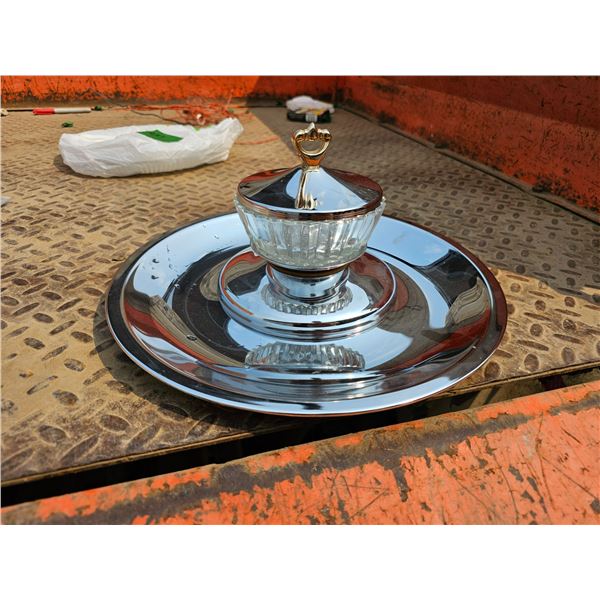 Silver Tiered Serving Tray w/ Base & Glass Dip Bowl & Lid