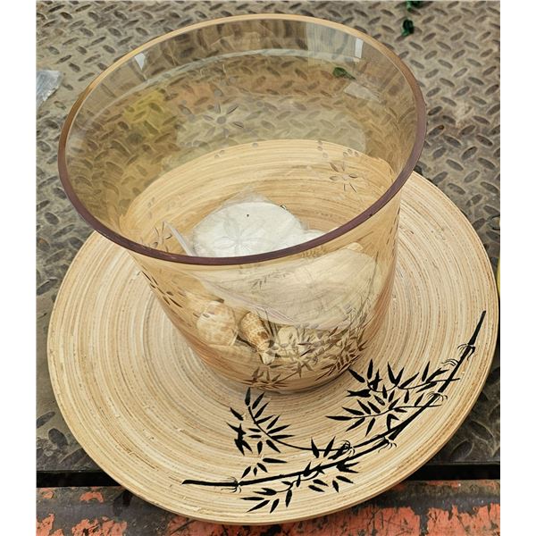 Wooden Bowl/Glass Vase w/ Shells, Sand Dollars