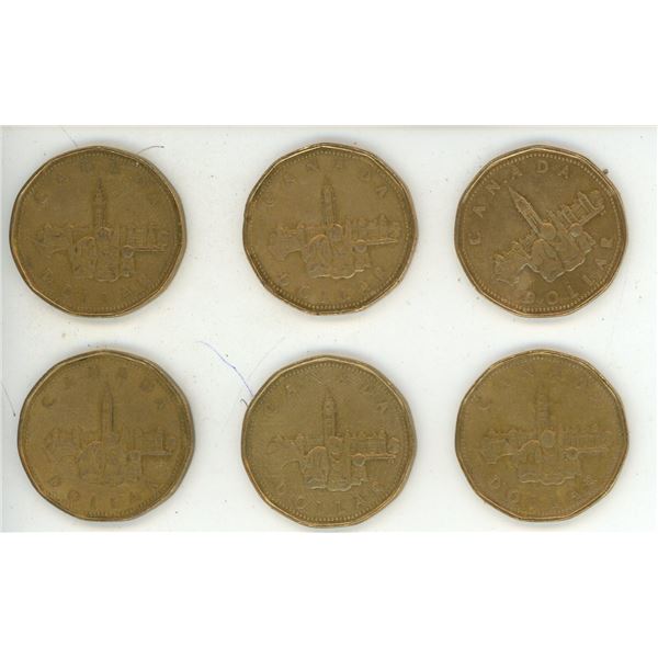 (6) 1867-1992 Parliament Canadian One Dollar Coins.
