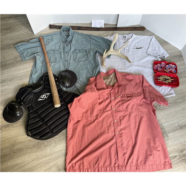 Misc - 3 shirts size XL, darts, horn, bat, catcher pad, etc