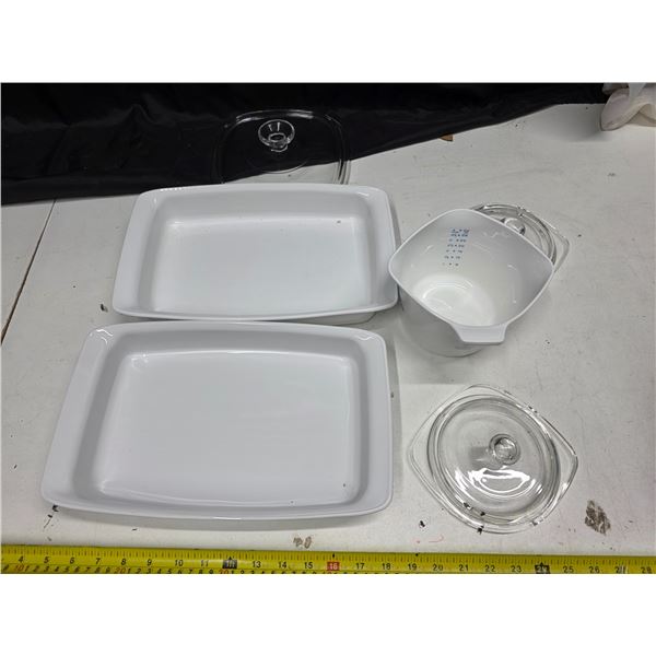 Corningware blue cornflower cake pans, 12" by 4" by 2" and 1 sauce maker with 2 lids
